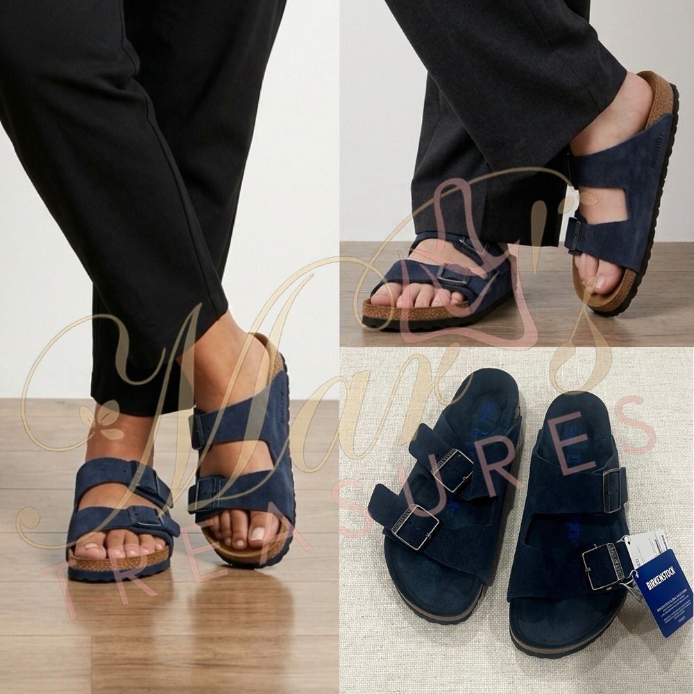 NWT Berkinstock Navy Blue Soft Footbed Double Straps Sandals Sz 37